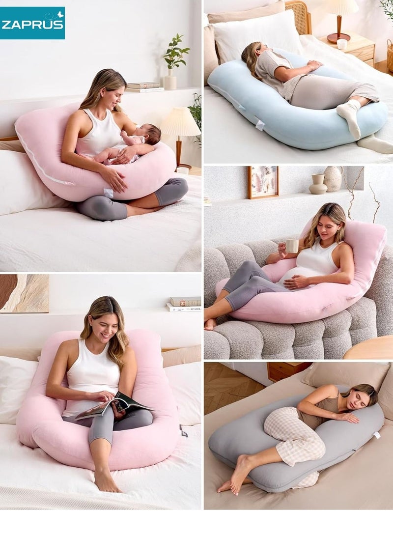 Zaprus Pregnancy Pillow J-Shape 100% Cotton Fiber –  Full Body Support Maternity Pillow for Sleeping, Back, Hip & Belly Pain Relief, Ergonomic Support for Side & Stomach Sleeping, Comfortable Prenatal Pillow Pink - Image 5